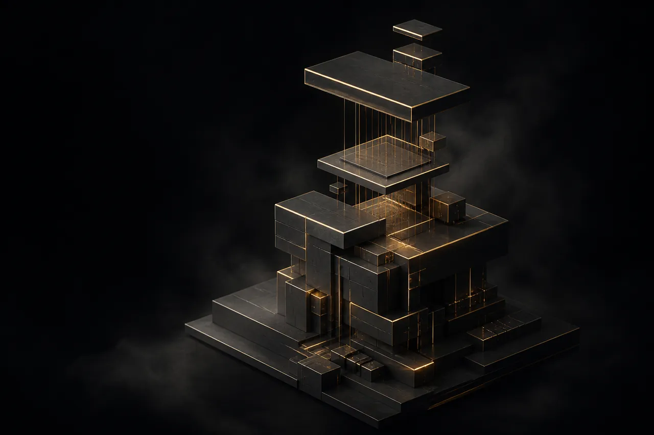Ilustração abstrata de uma estrutura modular sendo montada camada a camada