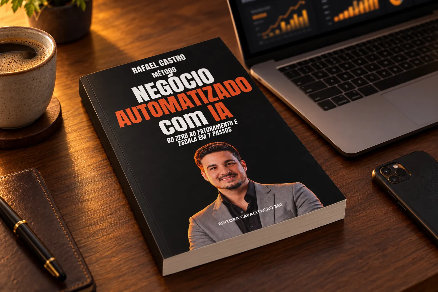 Livro Método Negócio Automatizado com IA sobre uma mesa de trabalho, ao lado de um computador e uma xícara de café