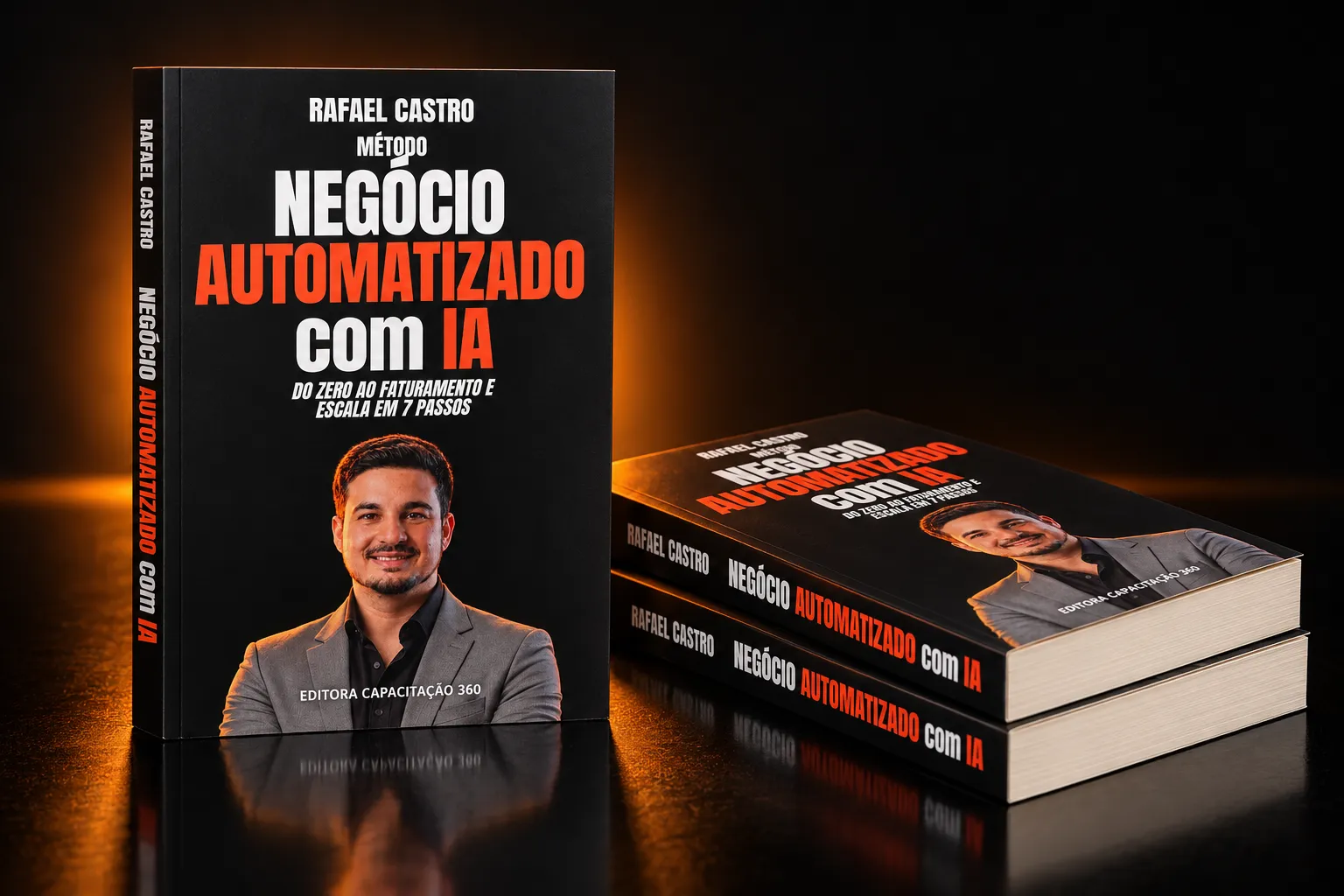 Exemplares do livro Método Negócio Automatizado com IA em uma pilha, com a capa em destaque